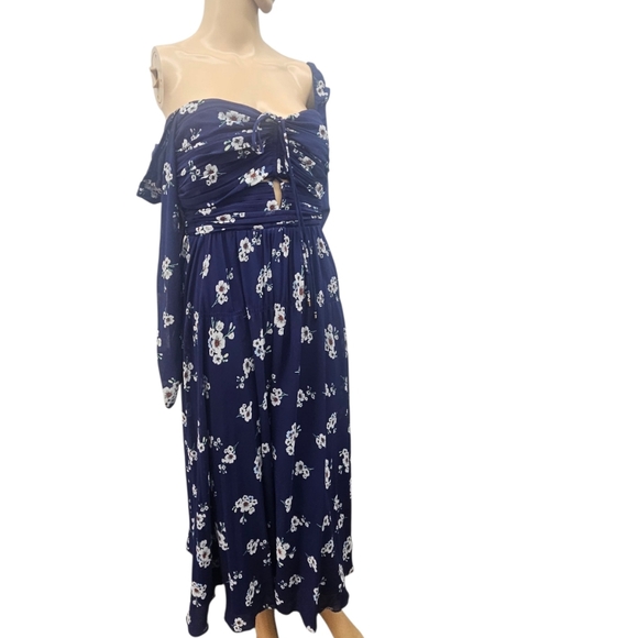 Self Portrait Pansy Midi Dress in Dark Navy Print Chiffon Cut Out